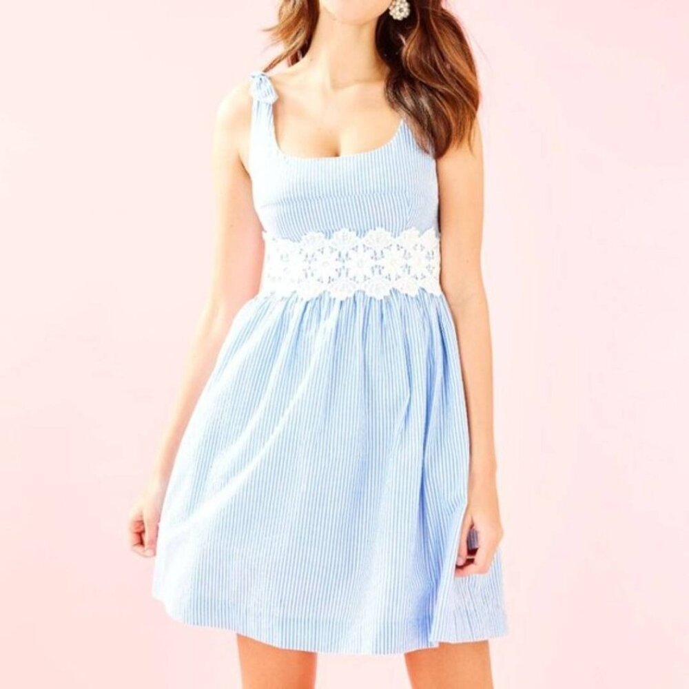 Lilly Pulitzer TESSA DRESS Coastal Summer Blue Seersucker White Sz 0